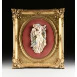 AN ALT. MEISSEN STYLE PARCEL GILT ENAMELED BISQUE PORCELAIN RELIEF PLAQUE, GERMAN, 20TH CENTURY,