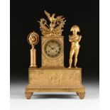 A FRENCH SECOND EMPIRE NAPOLEON THEME GILT BRONZE MANTLE CLOCK, CIRCA 1850-1860, the mantle clock