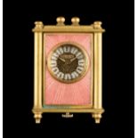 A SWISS PINK GUILLOCHÈ ENAMELED COPPER GILT METAL MINIATURE CARRIAGE CLOCK, GENEVA, 1915-1965,