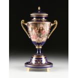 A LARGE ROYAL VIENNA STYLE GILT AND POLYCHROME ENAMEL DECORATED PORCELAIN TWO HANDLED COVERED VASE