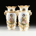 A LARGE PAIR OF VIEUX (OLD) PARIS GILT, POLYCHROME ENAMEL, AND TRANSFER PRINTED PORCELAIN VASES,