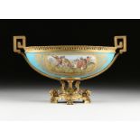 A SÃˆVRES STYLE PARCEL GILT ORMOLU MOUNTED ENAMELED BLUE CELESTE PORCELAIN CENTER BOWL, LAST QUARTER