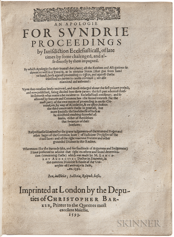 Cosin, Richard (1549?-1597) An Apologie for Sundrie Proceedings by Iurisdiction Ecclesiasticall,