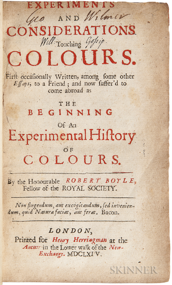 Boyle, Robert (1627-1691) Experiments and Considerations Touching Colours. London: Printed for Henry