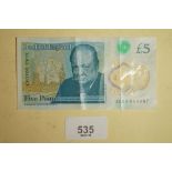 A new five pound note issued prefix no: AC53004087 - note has missing Big Ben and Crown monogram