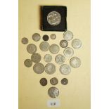 A quantity of silver content coins pre- 1947, silver content approx 100 grams including George IV