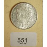 A USA silver Morgan dollar 1921, seven tail feathers - designer George T Morgan. Condition: VF to