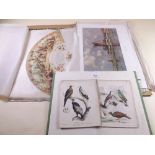 A folio of various prints and a silk panel for a fan