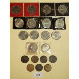 A quantity of coins including: seven copper/bronze pennies, commemoratives of Royal Wedding