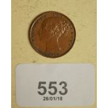 A copper/bronze Victoria farthing 1854. WW incuse on truncation. Condition: VF