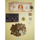 A quantity of coins including: Falkland Islands Liberation set 1982, farthings, halfpennies,