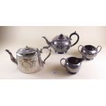 A silver plated teapot and a silver plated three piece tea set