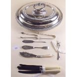 A silver plated entree dish, various silver plated cutlery and a silver butter knife