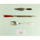A silver trowel bookmark, a silver plated letter knife and a mother of pearl handled fork