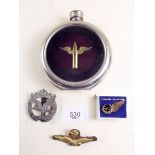 A glider pilot cap badge, RAF badge, a later pin and spirit flask