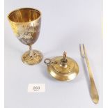 A silver spirit burner, a silver goblet and a continental silver pickle fork - total 208g