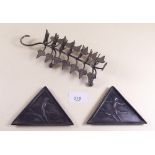 A silver plated ivy leaf toast rack and a pair of Art Deco pin dishes of triangular form