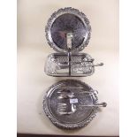 A silver plated cake basket, two silver plated circular trays and various silver plated cutlery