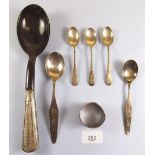 Three silver teaspoons, two WMF 900 standard children's spoons and a silver napkin ring (total 105g)