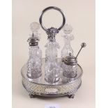 A silver plated and cut glass cruet stand