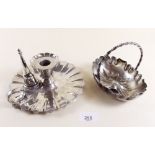 A Victorian silver plated chamberstick with snuffer and a silver plated basket