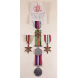 A WWII group of five medals\:- War Medal, Defense Medal, Africa Star, Italy Star and 1939 - 45