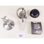 A silver ring holder a/f, a silver fronted prayer book, a Victorian silver rattle and a pin cushion