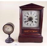 An Edwardian mahogany mantel clock and a small circular ebonised clock - both a/f