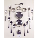Ten various silver teaspoons, a silver coin set dish, napkin ring, caddy spoon and compact (212g)