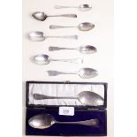 A collection of silver spoons a/f and a cased silver spoon, 182g total