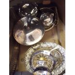 A silver plated soup tureen and other silver plated items