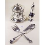 A silver plated biscuit barrel with swag decoration, a silver plated sugar castor and a pair of