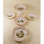 A Victorian dessert service with comport and four plates painted British named landscapes