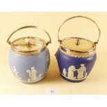 Two early 20th century Wedgwood Jasperware biscuit barrels with silver plated mounts