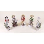 Two Capodimonte porcelain figures of lady and gentleman, and three Alfretto figures