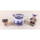 A small Doulton Beefeater character jug, a violinist toby jug and a blue and white Burleigh Ware