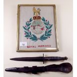 A WWII third pattern Commando knife together with Royal Marines embroidered picture