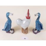 A pair of Chinese turquoise ducks 14cm and a chicken (beak a/f)