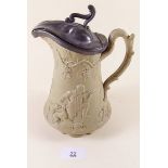 A Victorian stoneware press moulded jug by Edward Walley Cobridge with pewter lid