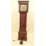 A 19th century oak eight day longcase clock with square hood, the brass face with Roman and Arabic