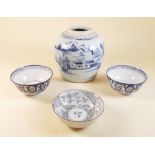 A group of three Chinese blue and white dishes and a provincial ginger jar