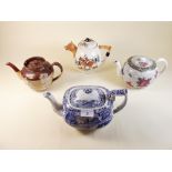 A Spode Italian teapot, a Burleighware floral teapot, a Doulton stoneware teapot and a fox hunting