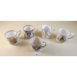 Five crested mugs including Elizabeth II silver jubilee, Prince of Wales feathers, Spode, Aynesley