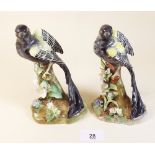 Two Staffordshire Black Widow birds by J T Jones - 16cm (chip to flower on one)