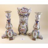 A pair of Rouen Faience candlesticks (one a/f) and a similar vase 28cm