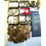 A quantity of miscellaneous coins including: pre-decimal and decimal coinage in tobacco tins: