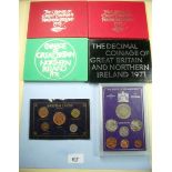 Six coin sets including: the decimal coinage of Great Britain and Northern Ireland 1971, 1973 (2