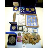 A miscellaneous lot of brass scales, pillbox, plus pre-decimal British coinage and medallions: