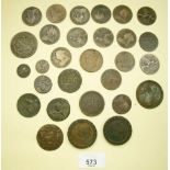 A quantity of copper/bronze coins and tokens including Victorian pennies, 1812 tokens x 2, George