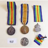 A pair of WWI medals named to '203276. Pte. H.W.C Long E.Kent.R', silver war badge numbered